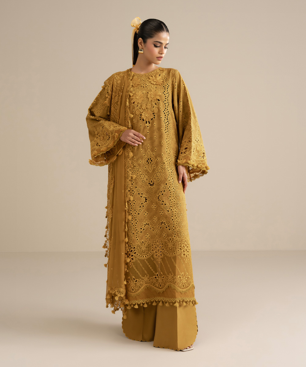 3-piece embroidered mustard cotton jacquard suit